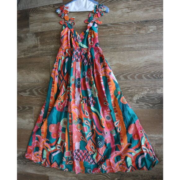 Farm Rio x Anthropologie Women's Sz XXS Multi Pleated Palm Midi Dress - Picture 10 of 16